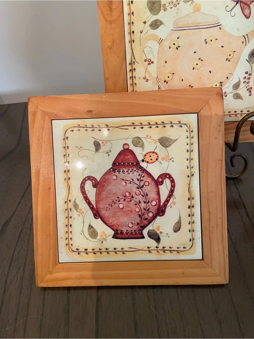 Wood-Framed Ceramic Tile Tea Service Wall Plaques - Red & Cream